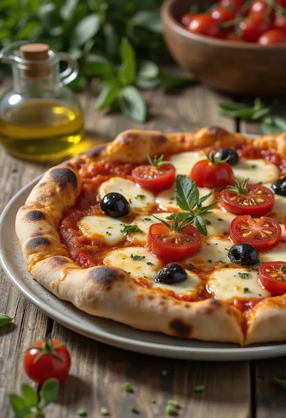 Domates ve siyah zeytinli Pizza alla Barese