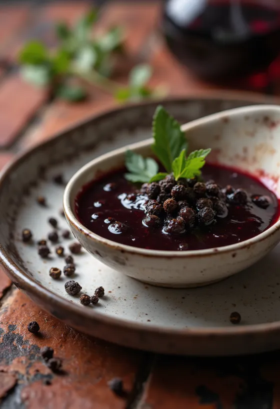 Servis edilmiş karabiberli kırmızı şarap sosu