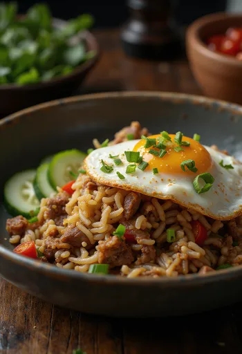 Sığır eti ve sahanda yumurta ile servis edilen Nasi Goreng