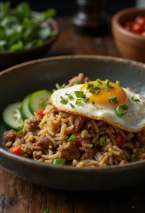 Sığır eti ve sahanda yumurta ile servis edilen Nasi Goreng