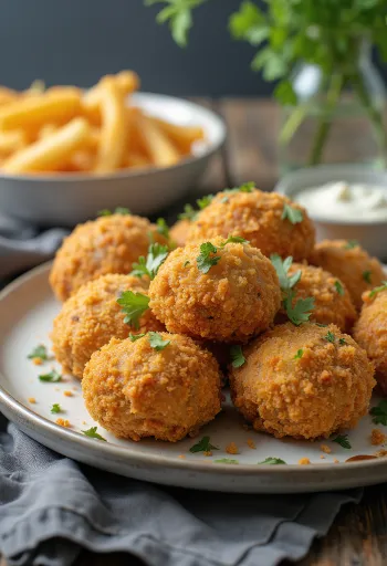 Nar gibi kızarmış, çıtır kaplamalı pane mantar başları, taze salata ve tartar sosla servis edilmiş.