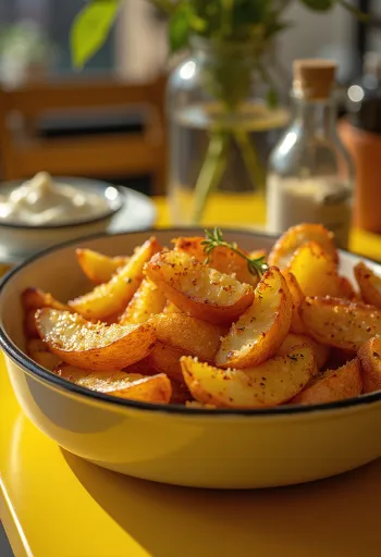 Altın sarısı kızarmış, taze yeşilliklerle serpilmiş çıtır baharatlı patates