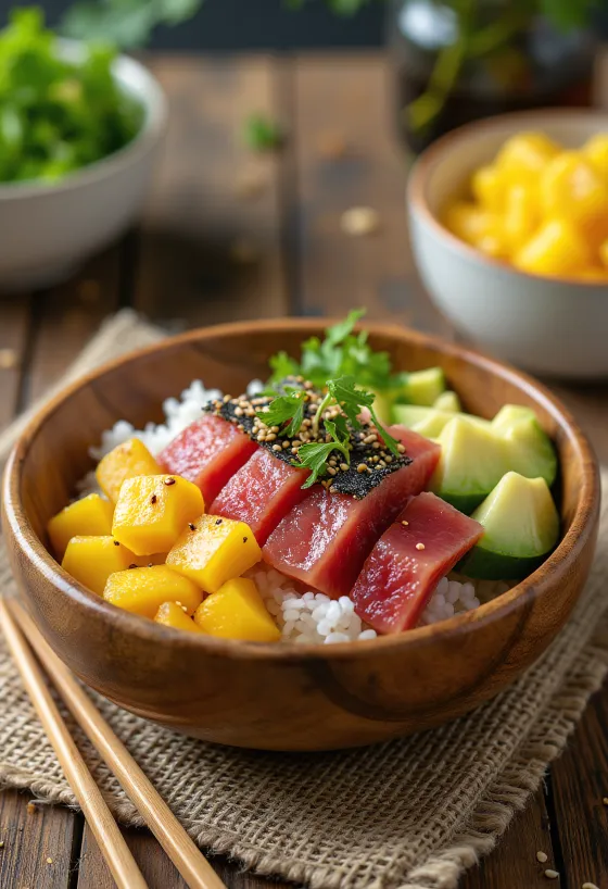Klasik Poke bowl, ton balığı, avokado, mango ve taze sebzelerle