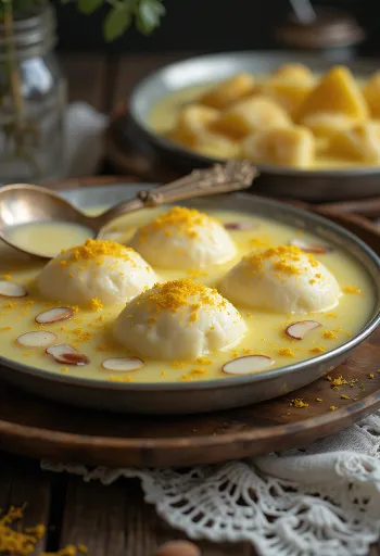 Zengin ve kremsi Hint tatlısı Bademli Rasmalai servisi