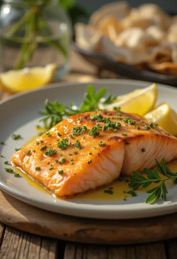 Çıtır derili ve limon dilimleriyle süslenmiş fırında somon fileto