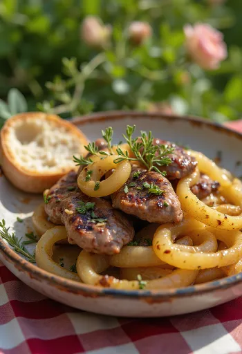 Kavrulmuş soğanla servis edilen tavuk ciğeri