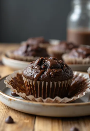 Altın sarısı pişmiş, çikolata parçalarıyla servis edilen çikolatalı muffin