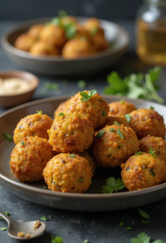 Dışı çıtır altın kahverengi, taze otlarla serpilmiş falafel