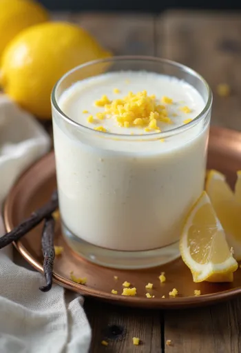 Bardaklarda probiyotik lorlu kefir, limon kabuğu ile süslenmiş