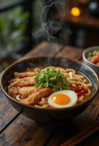 Kızarmış tavuklu ramen kasesi, erişte ve malzemelerle