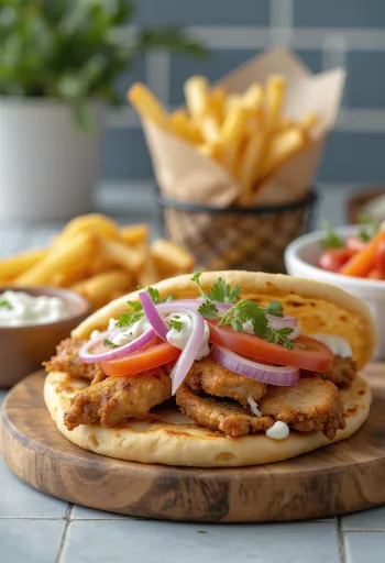 Tavuk, domuz eti, cacık, domates, soğan ve patates kızartması ile karışık gyros pita