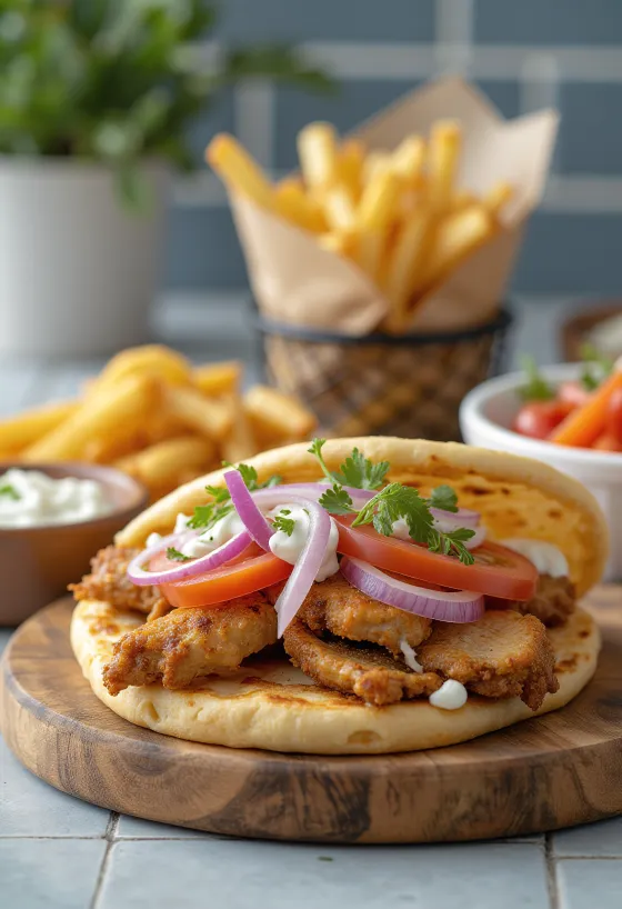 Tavuk, domuz eti, cacık, domates, soğan ve patates kızartması ile karışık gyros pita