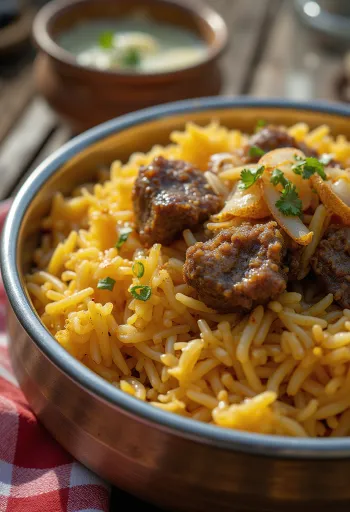 Hint tarzı baharatlı pirinç yemeği olan Keçi Etli Biryani