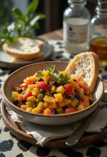 Zengin baharatlar ve sebzelerle servis edilen sarımsaklı Chakalaka