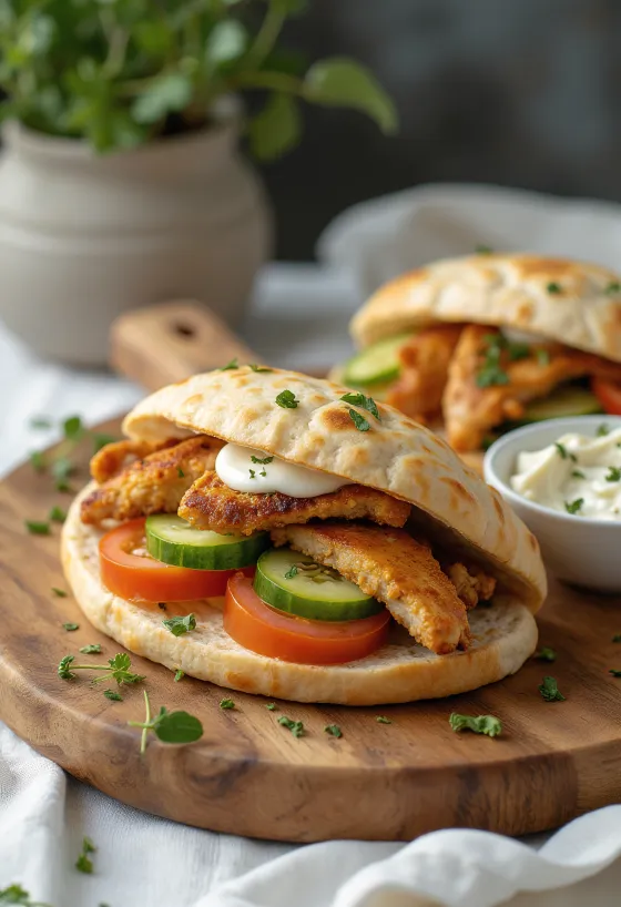 Izgara tavuk ve taze sebzelerle doldurulmuş pita sandviç