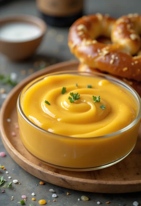 Bir kasede biralı cheddar peynir sosu, taze maydanoz ile süslenmiş, nachos yanında