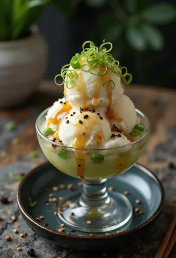 Taze soğanlı sundae, vanilyalı dondurma, susam ve soya sosuyla