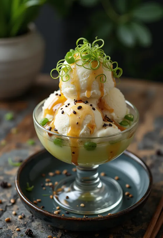 Taze soğanlı sundae, vanilyalı dondurma, susam ve soya sosuyla