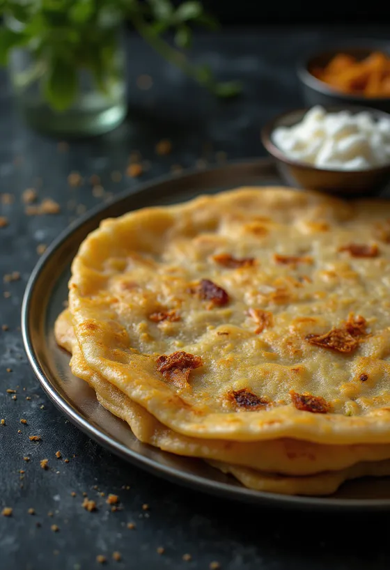Baharatlı dolgu ile servis edilen, taze, çıtır çıtır kızarmış Adai dosa