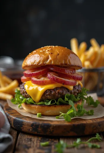 Erimiş peynir ve taze sebzelerle bizon burger