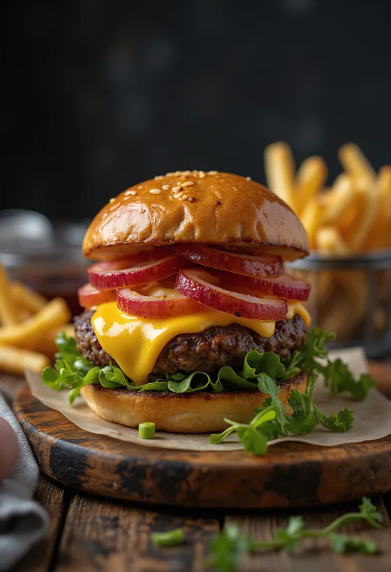 Erimiş peynir ve taze sebzelerle bizon burger