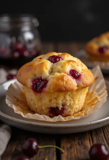 Altın sarısı pişmiş taze vişneli muffin, pudra şekeri serpilmiş