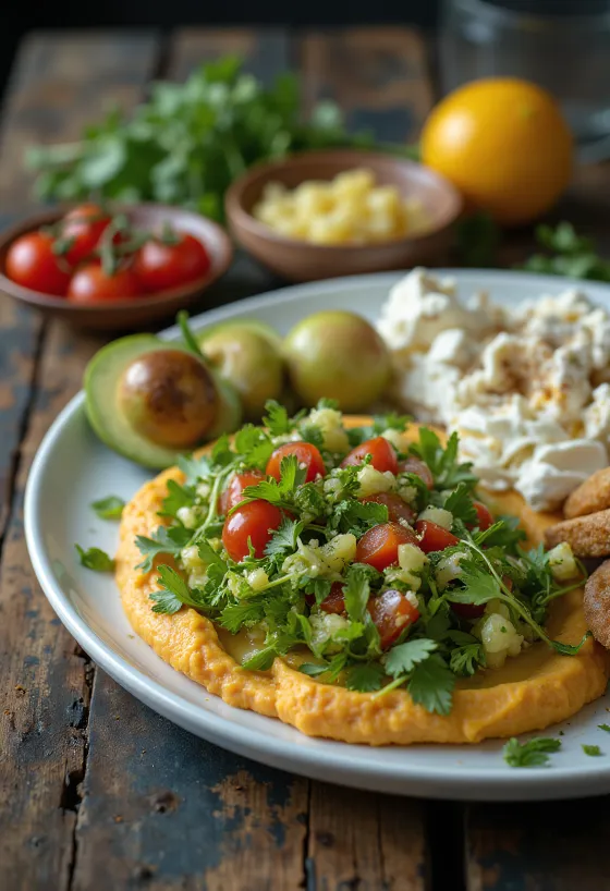 Tabule, humus, beyaz peynir ve sebzelerle servis edilen taze meze tabağı