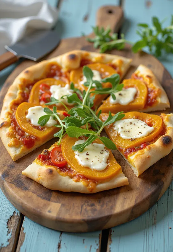 Vegan peynirli bal kabaklı pizza servis edilirken