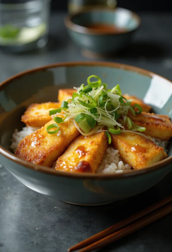 Tofu dolgulu katsudon, soya soslu sos içinde, taze taze soğanla servis edilmiş