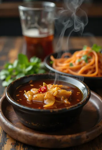 Kızarmış balığın yanında servis edilmiş karamelli balık sosu