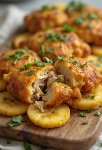 Tavuklu Acarajé, tapyoka topları, kızarmış muz ve kişniş ile süslenmiş