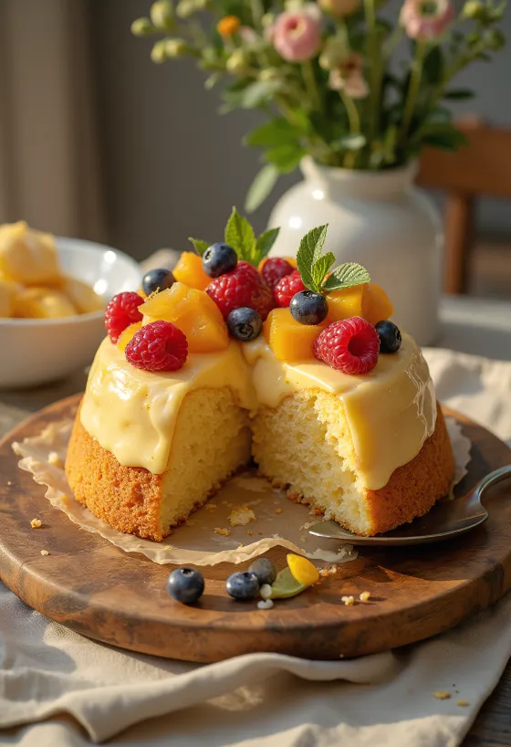 Renkli meyveler ve parlak jöle katmanıyla taze meyveli pasta