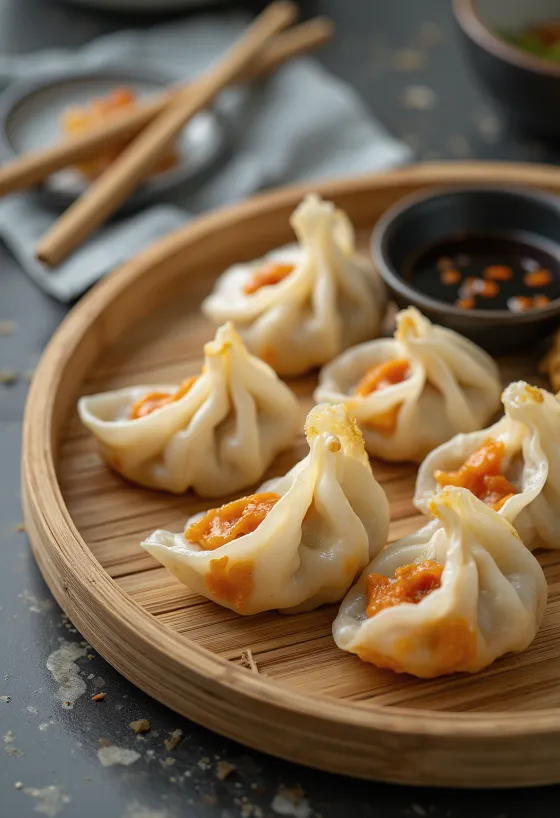Altın sarısı kızarmış Kimchi mandu, çıtır dışlı ve baharatlı iç dolgulu mantılar