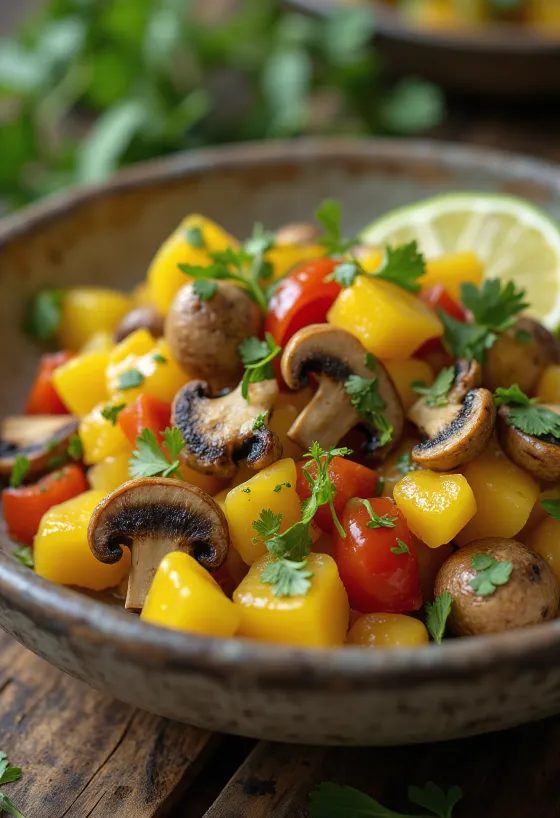 Ackee ve mantar, taze kişniş ve misket limonu dilimleri ile servis edilmiş nefis bir yemek