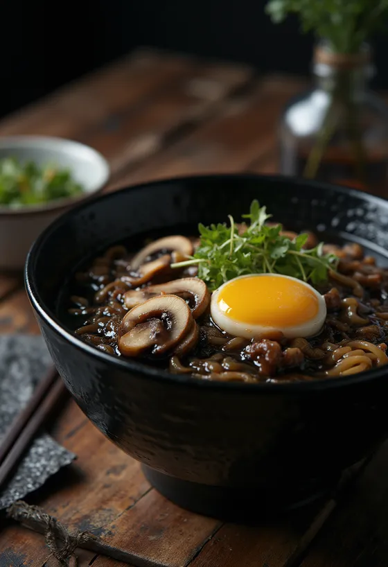Servis edilmiş siyah sarımsaklı ramen