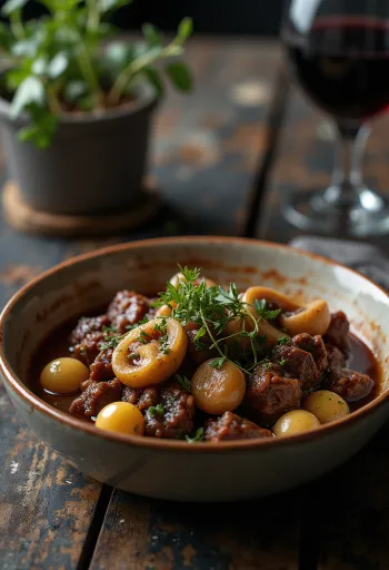 Patates püresi ile servis edilmiş Boeuf Bourguignon