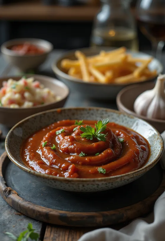 Servis edilmiş tütsülenmiş sarımsaklı barbekü sosu