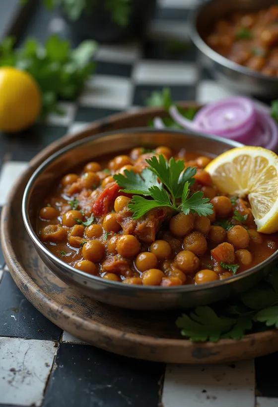 Kala Chana siyah nohutlu Ghugni, taze kişniş ve limon suyu ile servis edilmiş