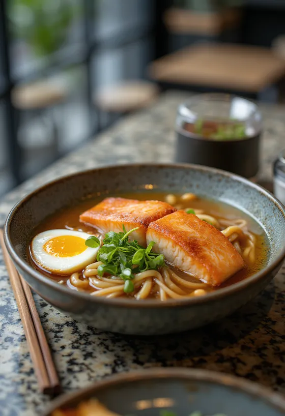 Kızarmış somonlu ramen kasesi, erişte ve malzemelerle
