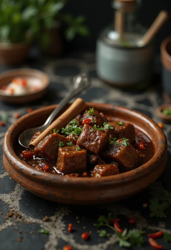 Servis edilmiş Rendang Tok, hindistan cevizi sütü ve baharatlarla zengin, kremsi Malezya yemeği