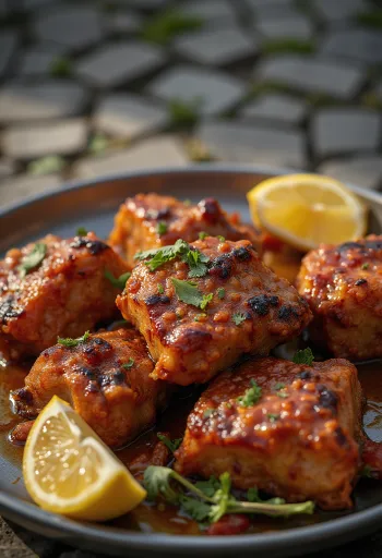 Naan ekmeği ve taze kişniş ile servis edilmiş tandır keçi