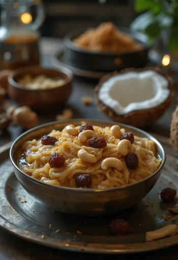 Hindistan cevizi sütü ve gül suyu ile servis edilmiş Ada Pradhaman