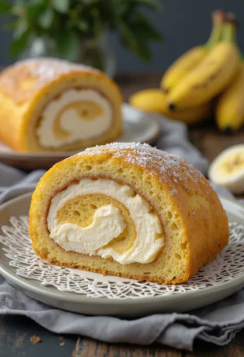Muzlu Bolo de Rolo, dilimlenmiş, muz dolgulu lezzetli rulo pasta