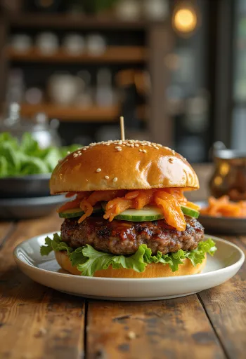 Salata ve kimchi ile servis edilmiş Bulgogi hamburger