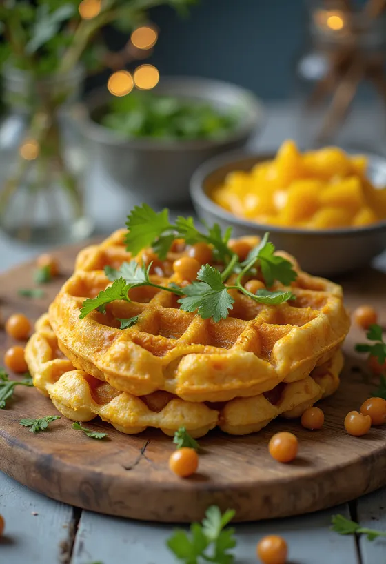 Taze kişnişle servis edilmiş Hint körili nohutlu waffle