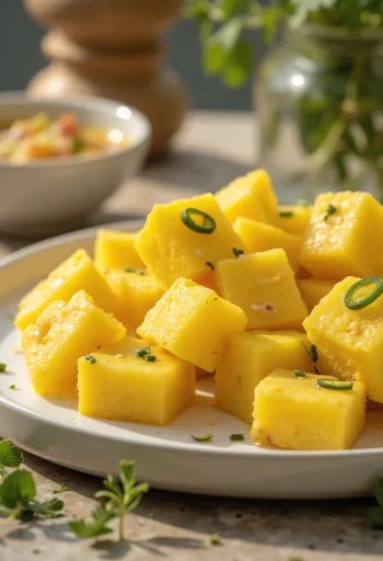 Yoğurt, sarımsak ve taze kişnişle servis edilen Khaman Besan Chana Dhokla