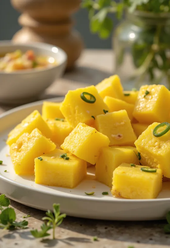 Yoğurt, sarımsak ve taze kişnişle servis edilen Khaman Besan Chana Dhokla