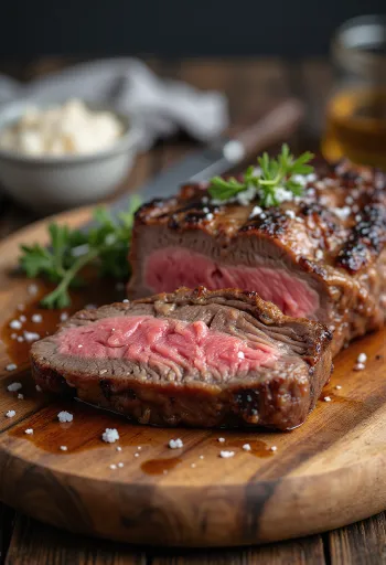 Picanha, kızarmış patates ve chimichurri sos ile servis edilen ızgara Brezilya biftek dilimleri