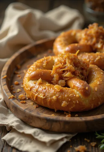 Kavrulmuş soğanla servis edilen pretzel, zengin karamelize soğanlı, dışı çıtır ve içi yumuşak.