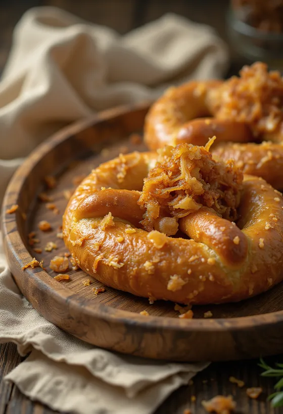 Kavrulmuş soğanla servis edilen pretzel, zengin karamelize soğanlı, dışı çıtır ve içi yumuşak.